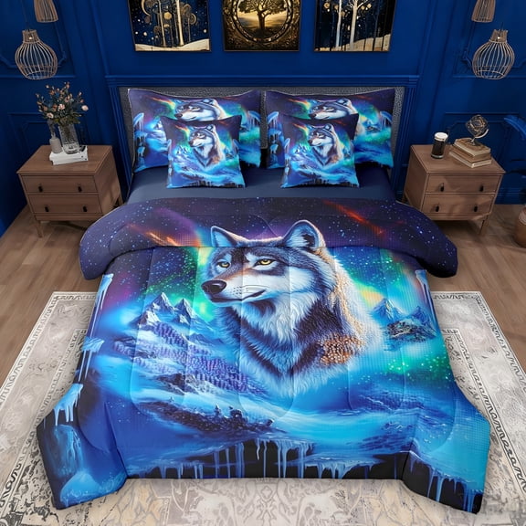 Feelyou Wildlife Wolf Bedding Comforter Set 7pcs, Mystic Aurora Galaxy King Bedding Sets