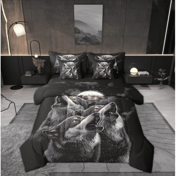 Feelyou Wildlife Wolf Bedding Comforter Set 7pcs, Wildlife Animal Queen Bedding Sets, Mystic Galaxy Moon Reversible Queen Sheet Sets, Lightweight Room Decor