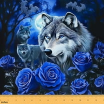Feelyou Wildlife Wolf Fabric by the Yard 1 Yard for Kids, Blue Romantic Rose Sewing Fabric, Mystic Galaxy Moon Home Decor Fabric by the Yard, Ultra Soft Home Decor