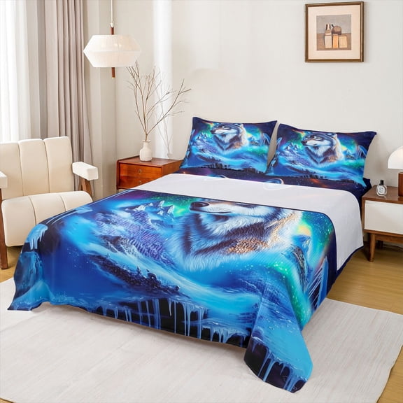 Feelyou Wildlife Wolf Full Size Sheets, Mystic Aurora Galaxy Bed Sheets, 4 Pieces