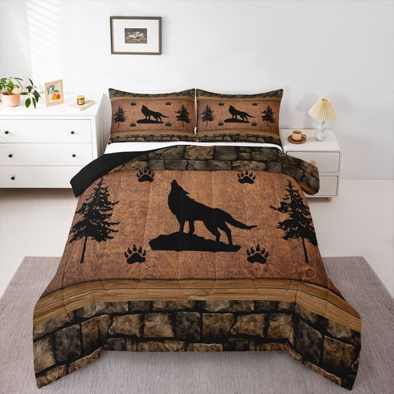 Feelyou Wildlife Wolf Queen Comforter Set, Brown Rustic Cabin Bedding Comforter Set, 3pcs