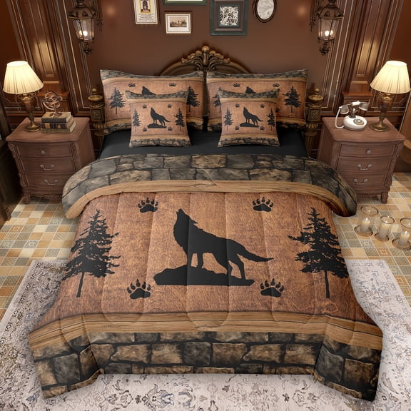 Feelyou Wildlife Wolf Twin Bedding Sets 7pcs, Brown Rustic Cabin Bedding Comforter Set