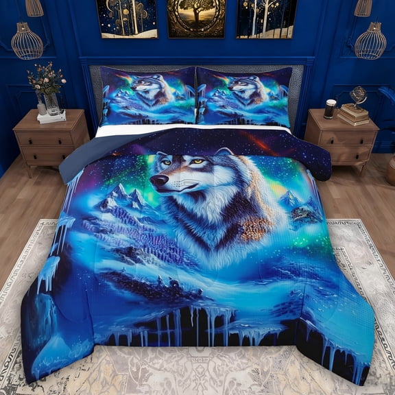 Feelyou Wildlife Wolf Twin Comforter Sets, Mystic Aurora Galaxy Bedding Set, 2 Pieces