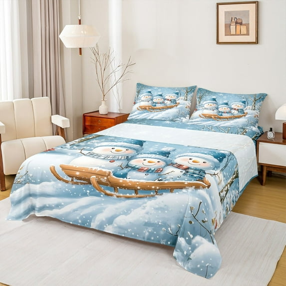 Feelyou Winter Cartoon Snowman Full Size Sheets, Merry Christmas Bed Sheets, Western Festival Holiday Sheet Sets, Luxury Bedroom Decor, 4pcs