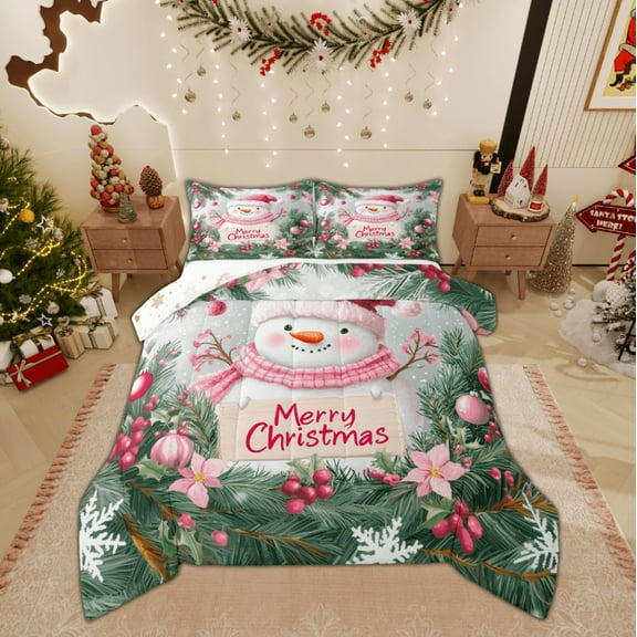 Feelyou Winter Cartoon Snowman Queen Comforter Set, Merry Christmas Bedding Sets, Western Festival Holiday Reversible Bedding Comforter Set, Luxury Bedroom Decor, 3pcs