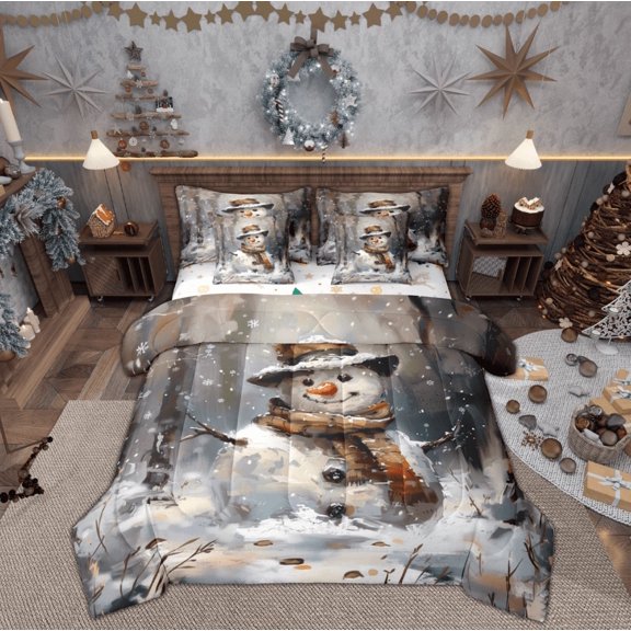 Feelyou Winter Cartoon Snowman Twin Bedding Sets 7-Piece, Merry Christmas Bedding Comforter Set, Western Festival Holiday Reversible Sheet Sets, Lightweight Room Decor