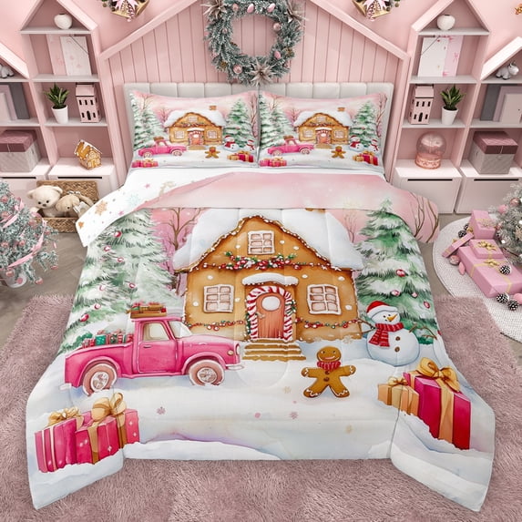 Feelyou Winter Christmas Cabin Queen Comforter Set, Pink Rustic Truck Bedding Sets, Gingerbread Man Snowman Reversible Bedding Comforter Set, Microfiber Bedroom Decor, 3 Pieces