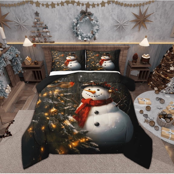 Feelyou Winter Cute Snowman Bedding Comforter Set for Teen, Glitter Christmas Tree Twin Comforter Sets, Western Festival Reversible Bedding Set, Luxury Bedroom Decor, 2-Piece