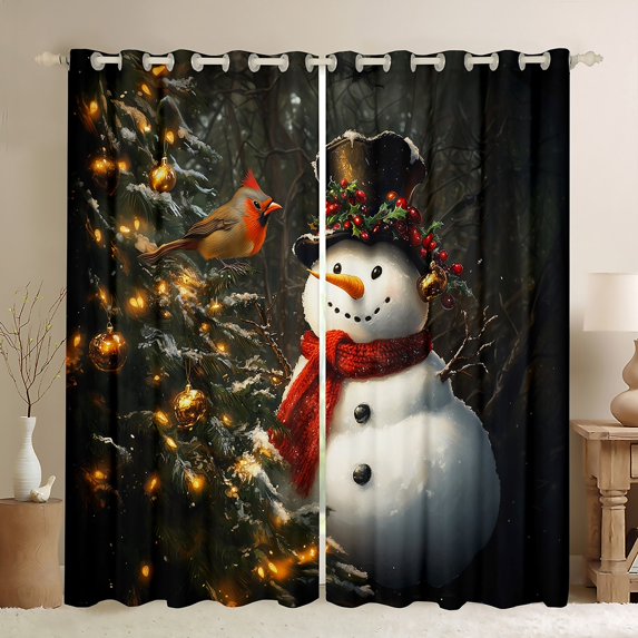 Feelyou Winter Cute Snowman Black Out Curtains for Teen, Glitter Christmas Tree Curtains Pack of 2 (42x63 Each), Western Festival Bedroom Curtains, Living Room Curtains Decor