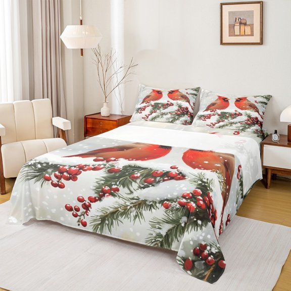 Feelyou Winter Jungle Bird Queen Sheet Sets, Christmas Poinsettia Flower Flat Sheet, Western Vintage Festival Queen Fitted Sheet, Super Cozy Room Decor, 4pcs