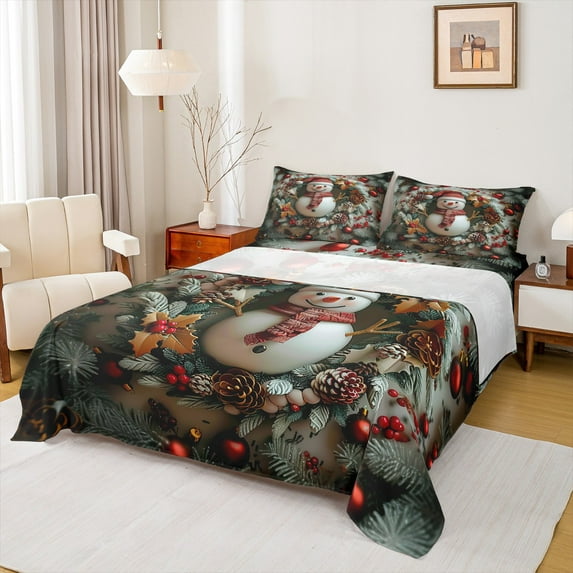 Feelyou Winter Pink Snowman Full Size Sheets, Merry Christmas Bed Sheets, Western Festival Holiday Sheet Sets, Breathable Home Decor, 4 Pieces