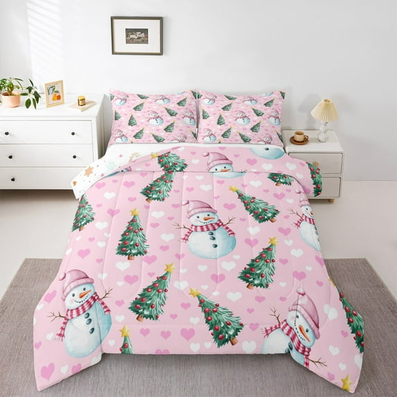 Feelyou Winter Pink Snowman Queen Comforter Set, Merry Christmas Bedding Sets, Western Festival Holiday Reversible Bedding Comforter Set, Luxury Bedroom Decor, 3-Piece