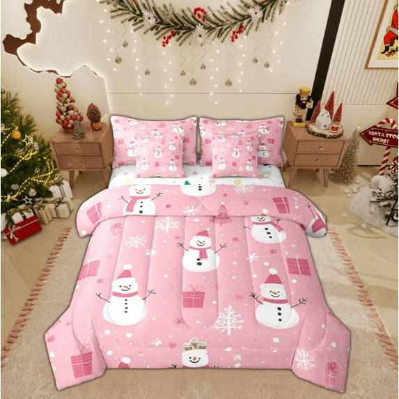 Feelyou Winter Pink Snowman Twin Bedding Sets 7-Piece, Merry Christmas Bedding Comforter Set, Western Festival Holiday Reversible Sheet Sets, Breathable Home Decor