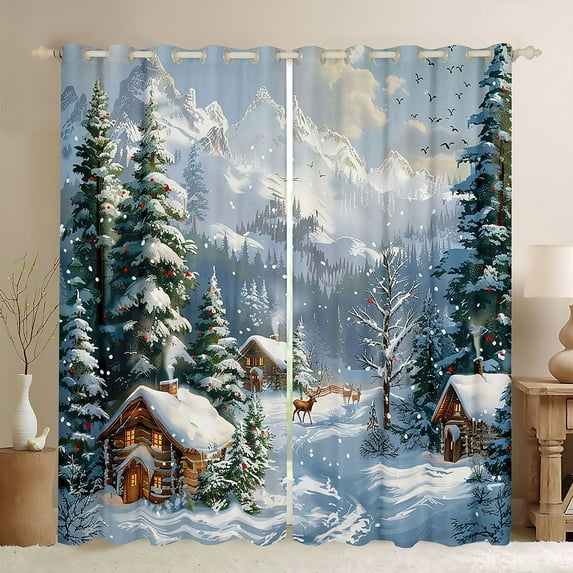 Feelyou Winter Rustic Cabin Blackout Curtains Set of 2 (52x84 Each), Kawaii Christmas Reindeer Window Curtains, Nature Scenery Curtains and Drapes, Window Curtains Decor