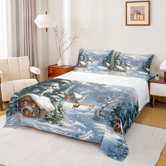 Feelyou Winter Rustic Cabin Queen Sheet Sets, Kawaii Christmas Reindeer Flat Sheet, Nature Scenery Queen Fitted Sheet, Lightweight Room Decor, 4pcs