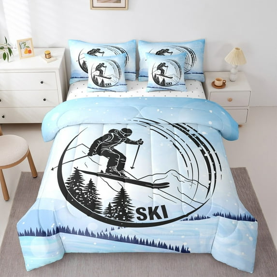 Feelyou Winter Skiing Teens Bedding Comforter Set 7-Piece, Modern Sport Lover King Bedding Sets, Outdoor Sports Bed Sheets, Breathable Home Decor