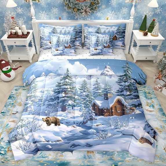 Feelyou Winter Snow House Bedding Comforter Set 7pcs, Cartoon Jungle Bear King Bedding Sets, Western Rustic Farmhouse Reversible Bed Sheets, Luxury Bedroom Decor