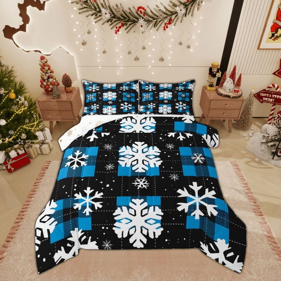 Feelyou Winter Snowflake Queen Comforter Set, Christmas Festival Bedding Sets, Vintage Plaid Buffalo Reversible Bedding Comforter Set, Lightweight Room Decor, 3pcs