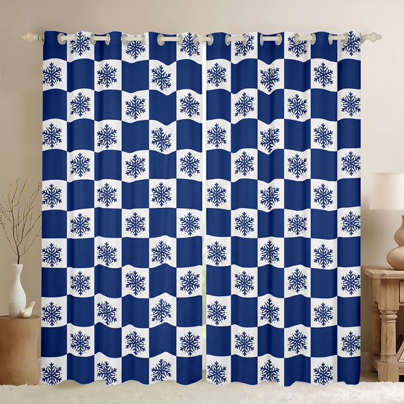 Feelyou Winter Snowflake Teens Black Out Curtains, Blue Plaid Checkered Curtains Pack of 2 (42x63 Each), Merry Christmas Bedroom Curtains, Blackout Curtains Room Decor
