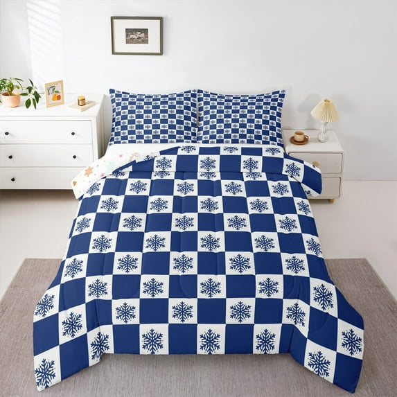 Feelyou Winter Snowflake Teens Queen Comforter Set, Blue Plaid Checkered Bedding Sets, Merry Christmas Reversible Bedding Comforter Set, Lightweight Room Decor, 3 Pieces