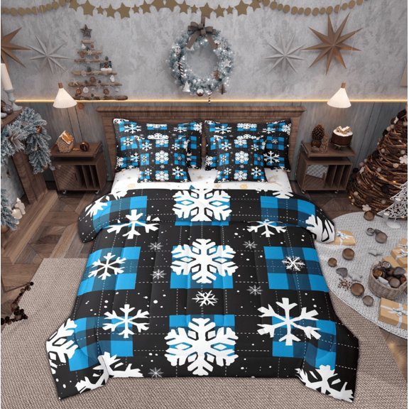 Feelyou Winter Snowflake Twin Bedding Sets 7-Piece, Christmas Festival Bedding Comforter Set, Vintage Plaid Buffalo Reversible Sheet Sets, Lightweight Room Decor
