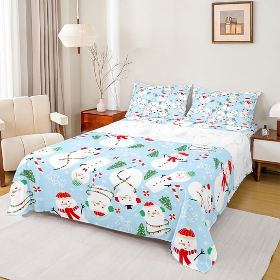Feelyou Winter Snowman Bed Sheets for Teen, Xmas Tree King Sheets, Merry Christmas Sheet Set, Microfiber Bedroom Decor, 4 Pieces