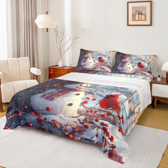 Feelyou Winter Snowman Teens Twin Sheet Sets, Merry Christmas Twin Fitted Sheet, Western Festival Holiday Flat Sheet, Breathable Home Decor, 3-Piece