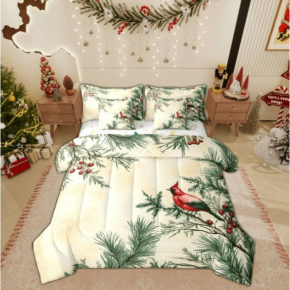 Feelyou Winter Tree Bedding Comforter Set 7pcs, Kawaii Red Bird King Bedding Sets, Vintage Christmas Festival Reversible Bed Sheets, Luxury Bedroom Decor