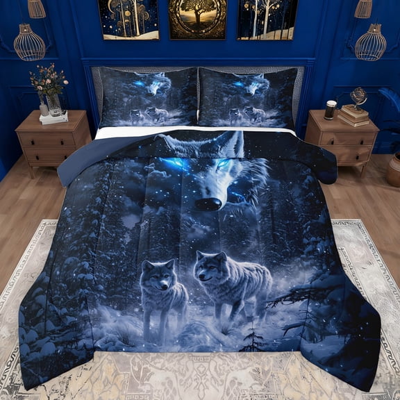 Feelyou Winter White Wolf Queen Comforter Set for Teens, Rustic Pine Tree Botanical Bedding Sets, Woodland Animal Reversible Bedding Comforter Set, Lightweight Room Decor, 3pcs