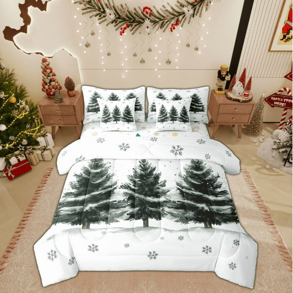 Feelyou Winter Xmas Tree Bedding Comforter Set 7 Pieces, Green Watercolor Full Bedding Set, Merry Christmas Reversible Fitted Sheet Flat Sheet, Microfiber Bedroom Decor