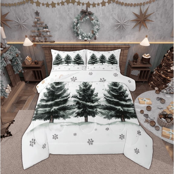 Feelyou Winter Xmas Tree Full Size Comforter Sets, Green Watercolor Bedding Comforter Set, Merry Christmas Reversible Bedding Sets, Microfiber Bedroom Decor,3-Piece