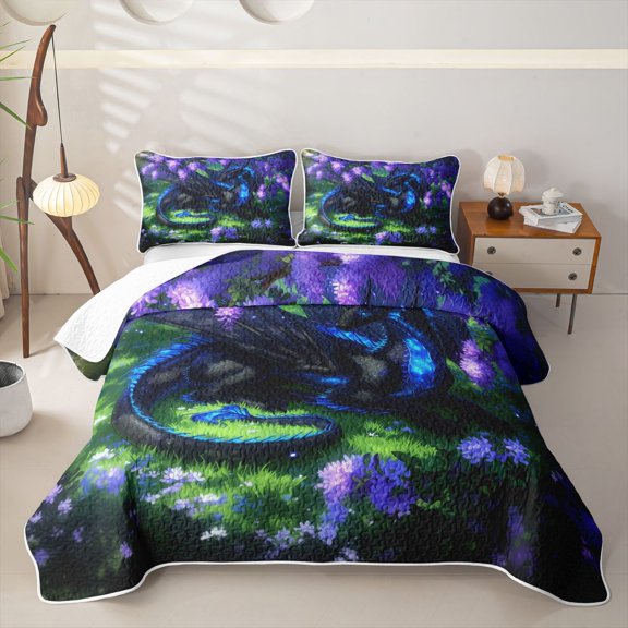 Feelyou Wisteria Flower Dragon Bed Spread Queen for Men Women, Western Magic Animal Queen Coverlet Set, Purple Green, 3-Piece