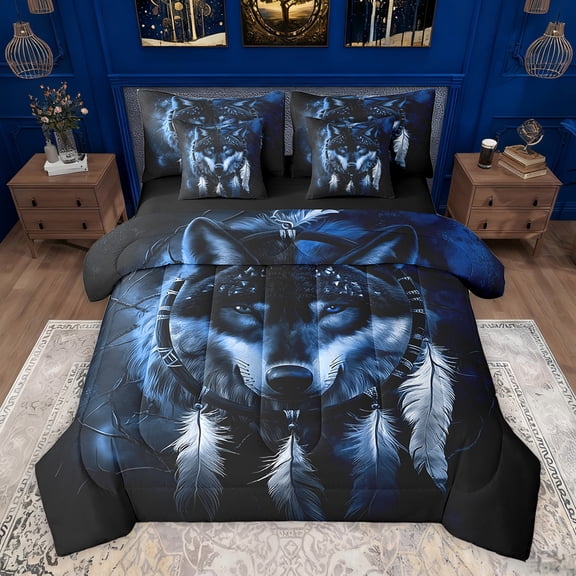Feelyou Wolf King Animal Bedding Comforter Set 7pcs, Western Dream Catcher King Bedding Sets, Hippie Woodland Wildlife Reversible Bed Sheets, Breathable Home Decor