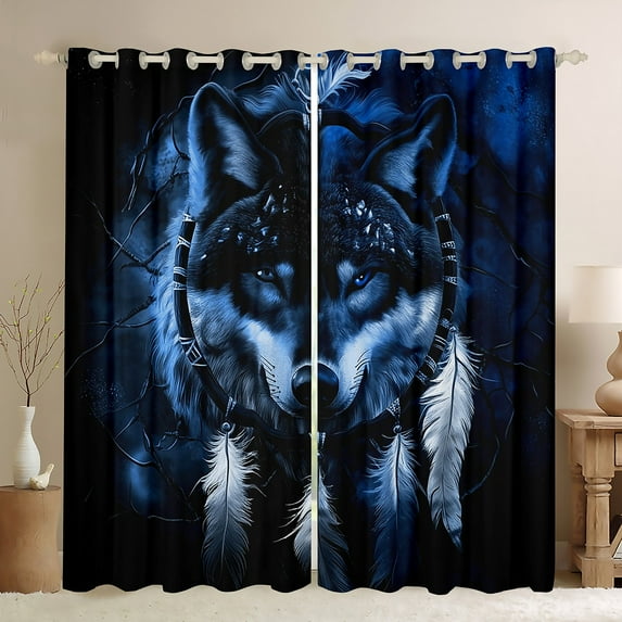Feelyou Wolf King Animal Black Out Curtains, Western Dream Catcher Curtains Pack of 2 (42x63 Each), Hippie Woodland Wildlife Bedroom Curtains, Blackout Curtains Home Decor