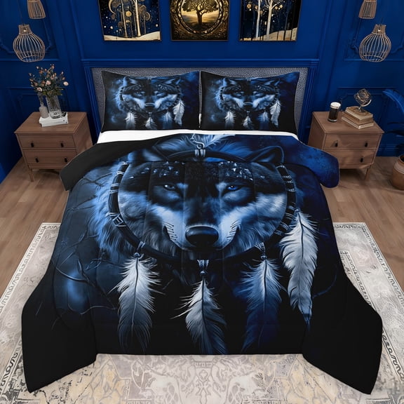 Feelyou Wolf King Animal Queen Comforter Set, Western Dream Catcher Bedding Sets, Hippie Woodland Wildlife Reversible Bedding Comforter Set, Breathable Home Decor, 3 Pieces