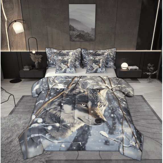 Feelyou Wolf Twin Bedding Sets 7-Piece for Teens, 3D Jungle Animal Bedding Comforter Set, Winter Snow Reversible Sheet Sets, Ultra Soft Home Decor
