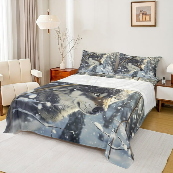 Feelyou Wolf Twin Sheet Sets for Teens, 3D Jungle Animal Twin Fitted Sheet, Winter Snow Flat Sheet, Ultra Soft Home Decor,3-Piece