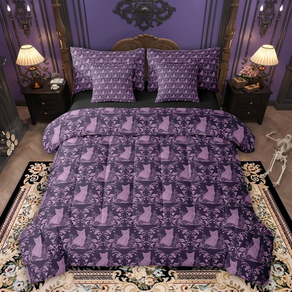 Feelyou Women Damask Floral Comforter Set 7pcs, Purple Cat Animal Queen Bedding Sets