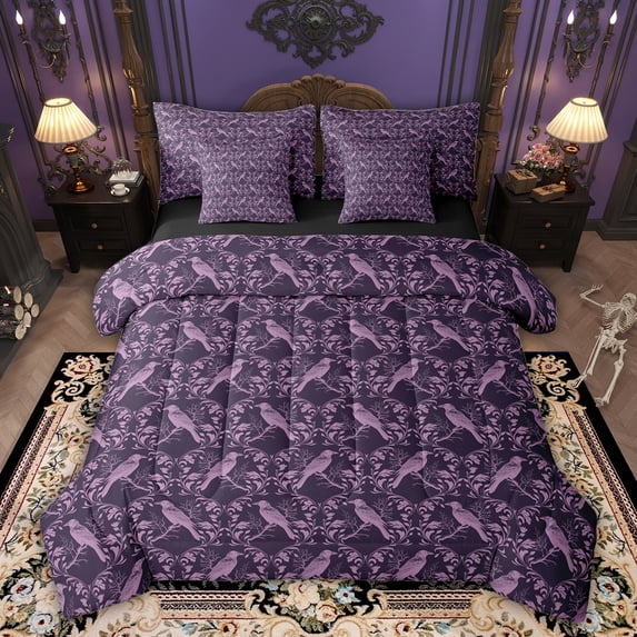 Feelyou Women Damask Floral Comforter Set 7pcs, Purple Western Crow Full Bedding Set