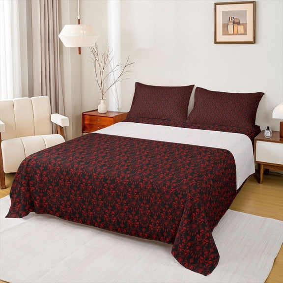 Feelyou Women Dream Catcher Bed Sheets, Black Red Damask Floral King Sheets, 4pcs