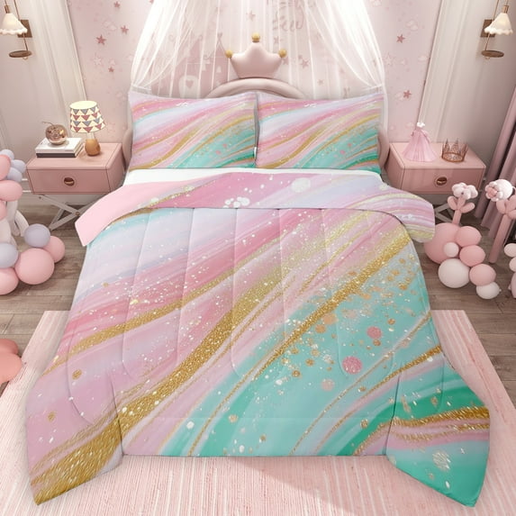 Feelyou Women Fashion Marbling Bedding Comforter Set, Dreamy Abstract Ombre Twin Comforter Sets, Marble Artwork Pink Green Reversible Bedding Set, Luxury Bedroom Decor, 2-Piece