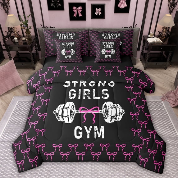Feelyou Women Fitness Sport Bedding Comforter Set 7pcs, Black Pink Ribbon Full Bedding Set