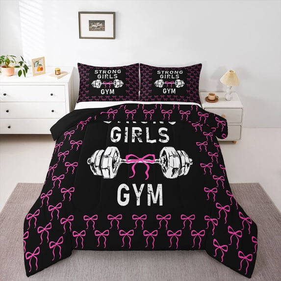 Feelyou Women Fitness Sport Full Size Comforter Sets, Black Pink Ribbon Bedding Sets, 3pcs