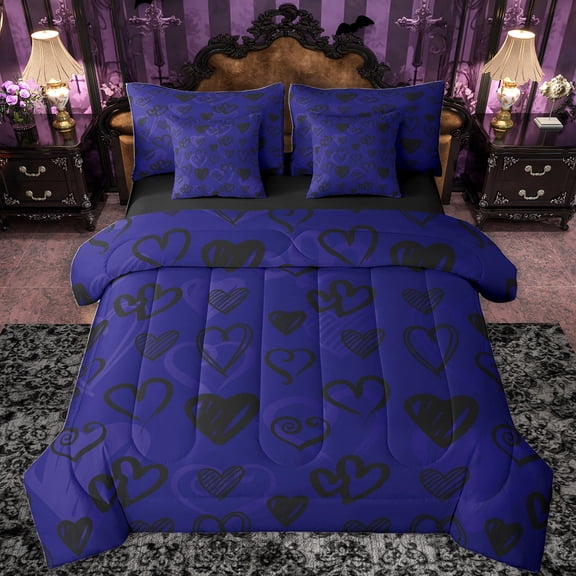Feelyou Women Love Heart Bedding Comforter Set 7pcs, Dreamy Blue Cartoon Queen Bedding Sets, Modern Fashion Style Reversible Queen Sheet Sets, Lightweight Room Decor