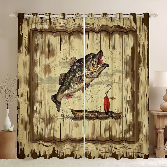 Feelyou Wood Jumping Bass Fish Black Out Curtains for Men, Retro Vintage Splash Wildlife Curtains Pack of 2 (42x63 Each), Brown