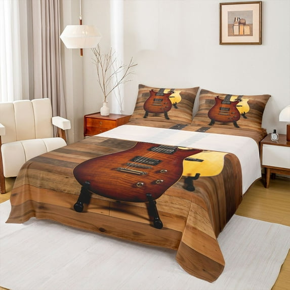 Feelyou Wooden Guitar Kid Queen Sheet Sets, Modern Music Style Bed Set, 4-Piece