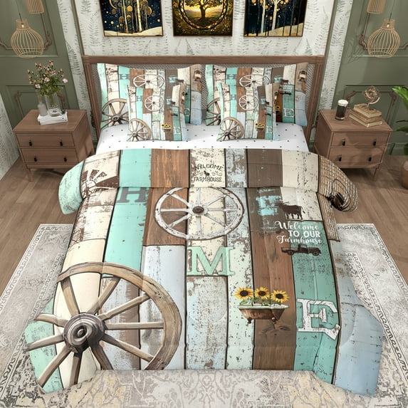 Feelyou Wooden Lake House Bedding Comforter Set 7pcs, Vintage Old Barn Door Queen Bedding Sets, Rustic Lodge Cabin Reversible Queen Sheet Sets, Breathable Home Decor