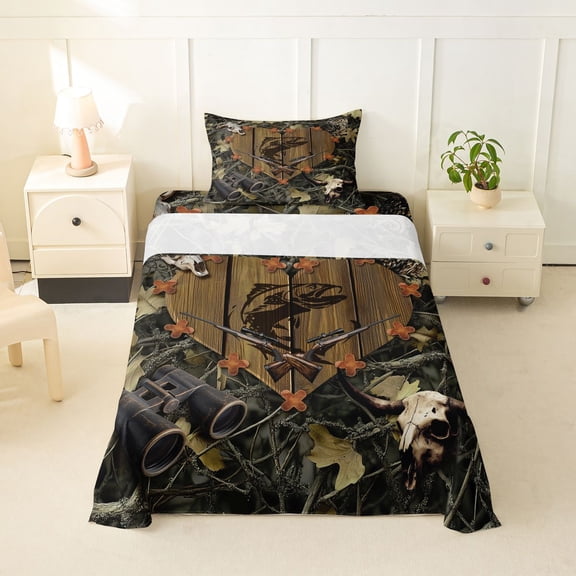 Feelyou Woodland Animal Skull Twin Sheet Sets for Men Boys, Retro Camo Branches Bedding, Brown Green, 3 Pieces