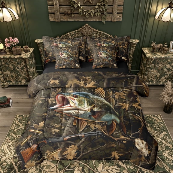 Feelyou Woodland Bass Fish Twin Bedding Sets for Men Boys, Vintage Camo Forest Leaf Bedding Comforter Set, Brown Green, Black Reversible, 7-Piece