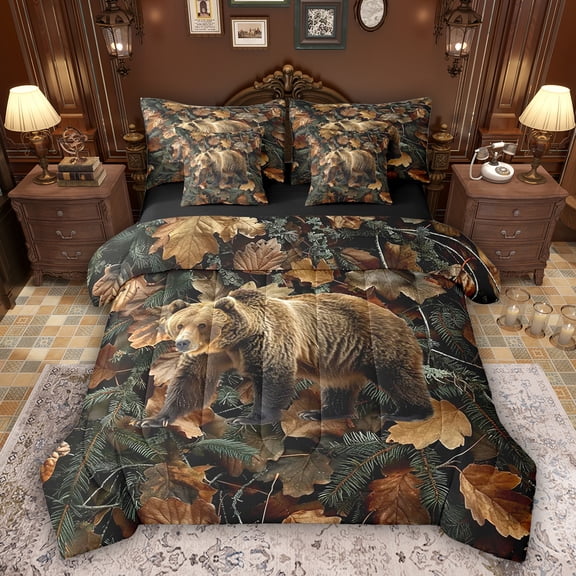 Feelyou Woodland Bear Bedding Comforter Set 7pcs, Rustic Branches Leaves King Bedding Sets